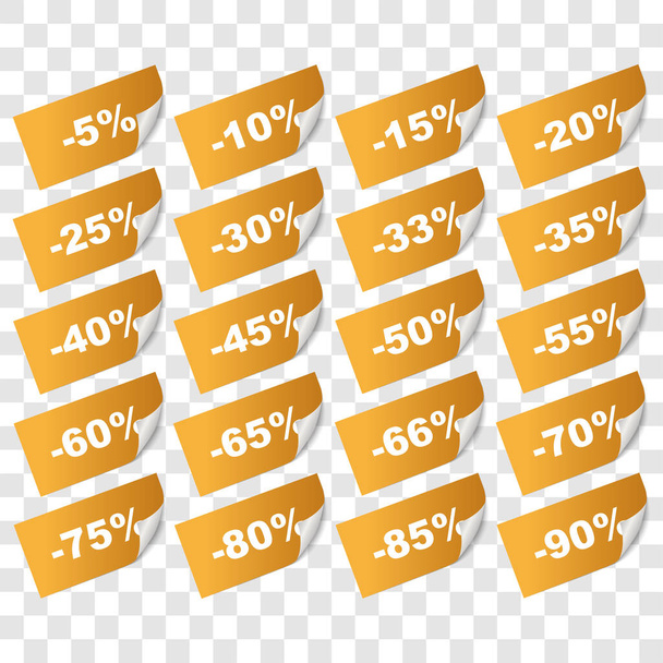 set of different percent sale gold banner stickers and labels on transparent background - Vector, Image