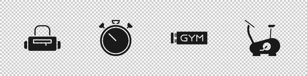 Set Sport bag, Stopwatch, Location gym and Stationary bicycle icon. Vector. - Vector, Image