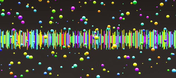 Koyu arkaplanda küreler olan her renkten ses dalgası çubukları. Müzik konsepti. 3d hazırlayıcı - Fotoğraf, Görsel