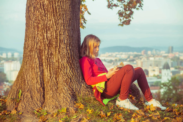 tiener meisje zittend onder een herfst boom op een heuvel op de zonsondergang - Foto, afbeelding