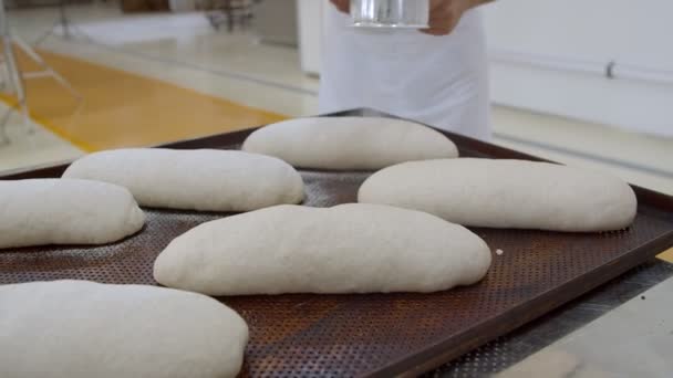 Close-up de pães prontos para assar deitados em uma grande placa de madeira que são polvilhados com farinha de uma peneira - Filmagem, Vídeo
