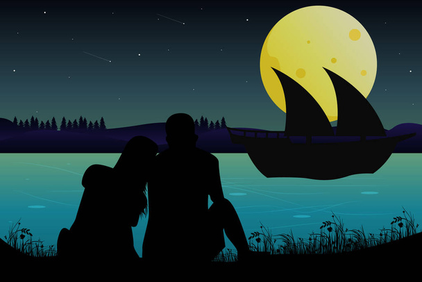cute couple at the sea silhouette - Vector, Image