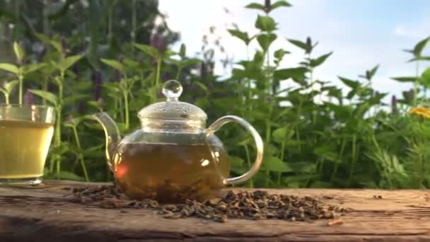 Tea in nature. Slow Motion 2x. Still life with green tea against the background of blooming mint.On the table are brewed tea, dry tea and chamomile.A man's hand takes a mug of tea.Smooth horizontal movement of the camera. - Footage, Video