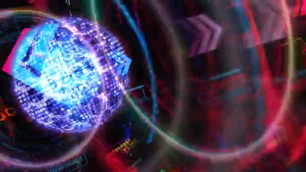núcleo Millones de puntos de luz y alambre hexágono tecnología informática futurista cuántica con matriz digital anillo de dimensión plantilla de colores y láser moviéndose - Imágenes, Vídeo