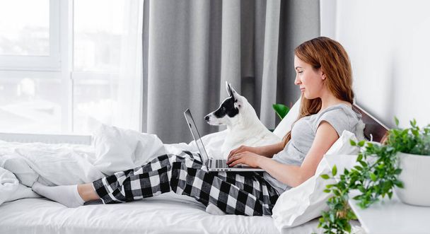 Girl with laptop and dog in the bed - Фото, зображення