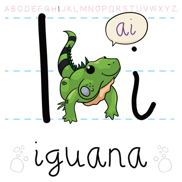 Green and happy iguana with long tail, teaching at you the alphabet letter 'I' and its pronunciation. - Wektor, obraz