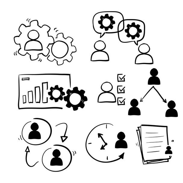 hand drawn doodle Human resources related line icon set. Recruitment, office management and company structure in doodle style vector - Vector, Image