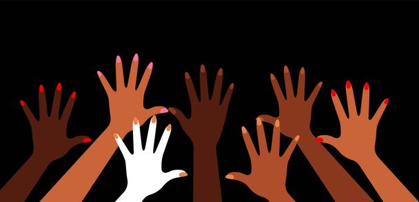 Χέρια σηκωμένα - διαφορετικό χρώμα δέρματος, ποικιλομορφία, άνθρωποι διαφορετικών εθνικοτήτων. Έννοια της ισότητας, της ψήφου, της εθνοτικής ποικιλομορφίας. - Διάνυσμα, εικόνα