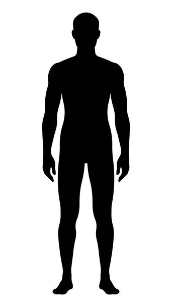 Menschensilhouette stehend. Solide schwarze Form des menschlichen Körpers. Schlanker männlicher Körper, Vorderansicht. Moderner perfekter Vektor. - Vektor, Bild