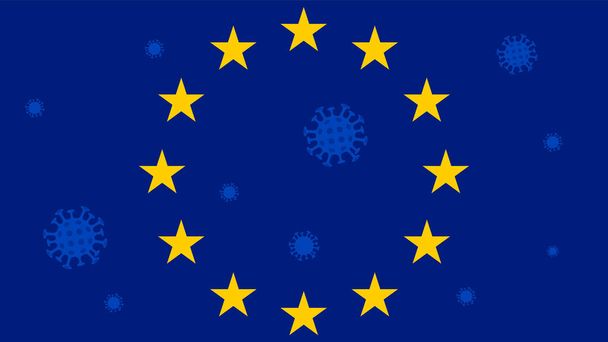 コロナウイルス警報、欧州連合(EU)諸国での保護と予防。青い背景に金色の星とコロナウイルスのシンボル。コロナウイルスの隔離、ロックダウン、危機の概念. - ベクター画像