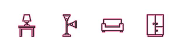 Set line Lámpara de mesa sobre mesa, Sofá, Suelo y Armario icono. Vector - Vector, imagen