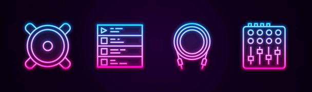 Set line Stereo speaker, Music playlist, Audio jack and Sound mixer controller. Glowing neon icon. Vector - Vector, Image
