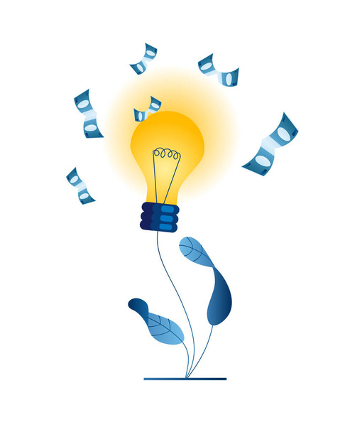 A flower in the form of a burning light bulb, around which butterflies fly-money, - Vector, Image