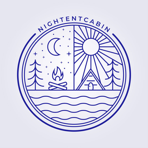 linja yö teltta mökki logo vektori kuvake symboli kuvitus suunnittelu, virkamerkki tunnus yksinkertainen viihtyisä puinen metsätalo koti lato - Vektori, kuva