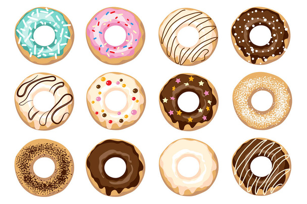 Donuts com cobertura, polvilhas, chocolate preto e branco. Conjunto de donut colorido. Estilo dos desenhos animados. Ilustração vetorial. - Vetor, Imagem