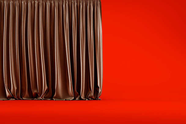 barna függöny redők elszigetelt piros alapon a stúdió, sablon vagy forrás, üres vagy tapéta - Fotó, kép