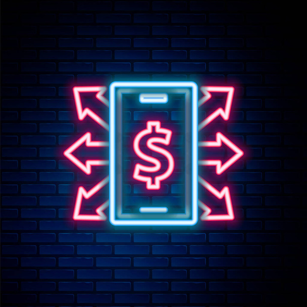 Ragyogó neon vonal Okostelefon dollár szimbólum ikon elszigetelt téglafal háttér. Online vásárlási koncepció. Pénzügyi mobiltelefon ikon. Online fizetés. Színes vázlat koncepció. Vektor - Vektor, kép