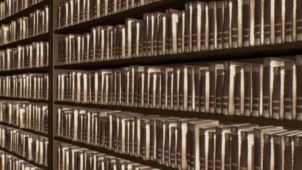 Eindeloze boekenplank van muur van boeken in oude antieke bruine bibliotheek gangpad - 4K naadloze VJ lus beweging achtergrond animatie - Video