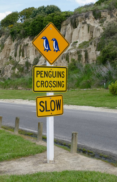 Pingviinit Crossing merkki ympäri Oamaru eteläsaarella Uuden-Seelannin - Valokuva, kuva