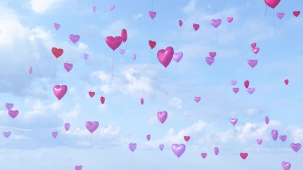 Los globos rojos con forma de corazón de amor rosa flotan en el cielo nublado azul - Animación de fondo de movimiento VJ Loop 4K Seamless - Imágenes, Vídeo