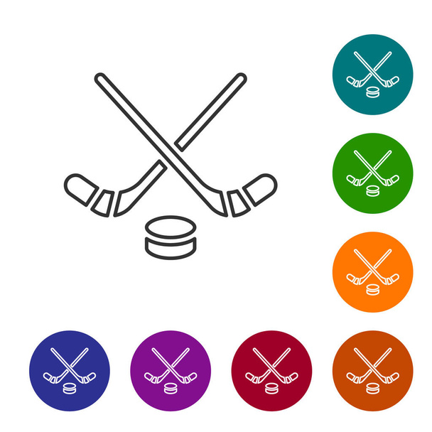 Black Line Eishockeyschläger und Pucksymbol isoliert auf weißem Hintergrund. Spielbeginn. Setzen Sie Symbole in farbigen Kreis-Tasten. Vektor. - Vektor, Bild