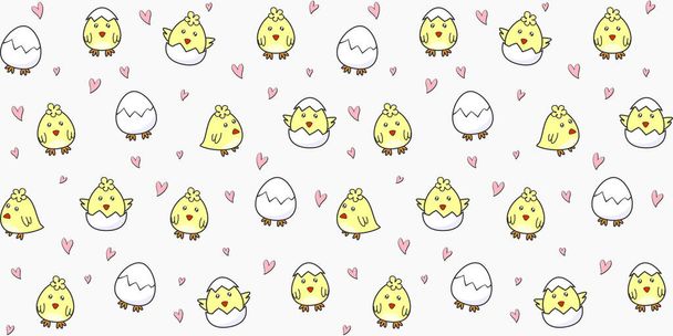 Cute chick hatching from an egg and small hearts on a pale gray background. Vector seamless pattern for cover, wrapping paper, packaging, wrapper, surface texture, website wallpaper, printing on fabric, textile, clothes and bags. Design template - Vektor, obrázek