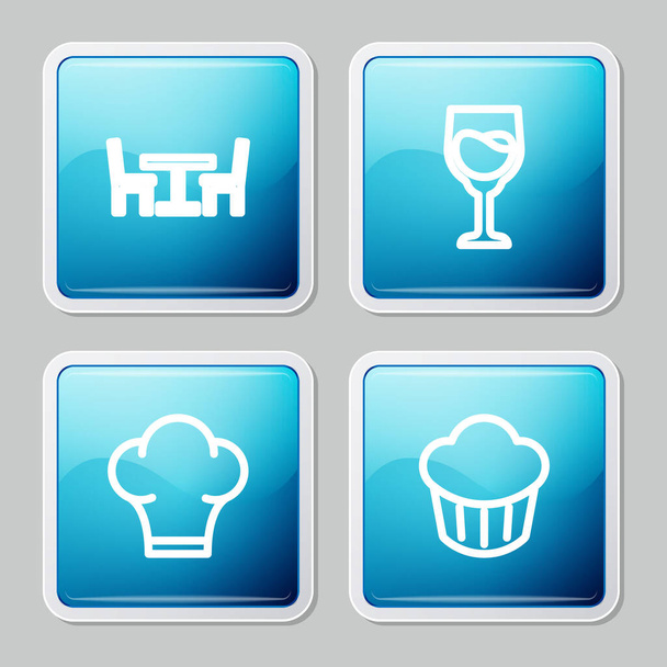 Set line Mesa de madera con silla, copa de vino, sombrero de chef e icono de la magdalena. Vector - Vector, Imagen