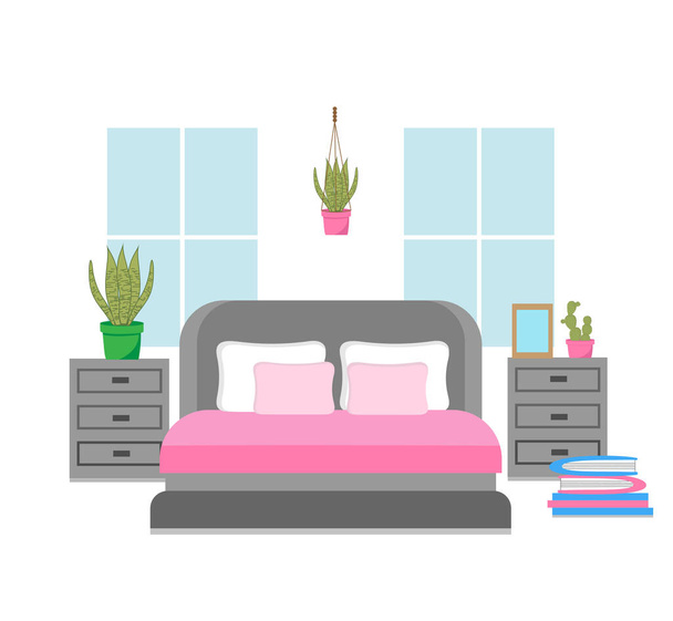 Cozy bedroom interior with furniture and windows. Flat cartoon vector illustration. Minimalistic bedroom interior. - Vector, Image