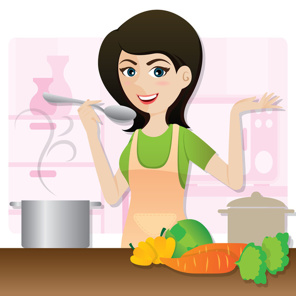 мультяшная умная девушка готовит вегетарианский суп на кухне
 - Вектор,изображение