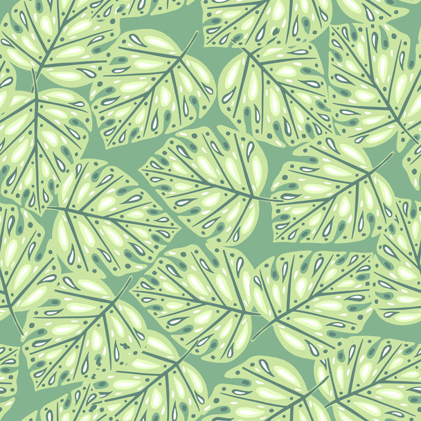 Botanikus dzsungel zökkenőmentes minta pasztell zöld színekben monstera levél elemeket. Egzotikus egyszerű háttér. Textil-, textil-, csomagoló- és burkolattervezésre tervezték. Vektorillusztráció. - Vektor, kép