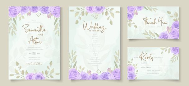 Zestaw weselny szablon zaproszenia z pięknym fioletowym kwitnących róż projekt - Wektor, obraz