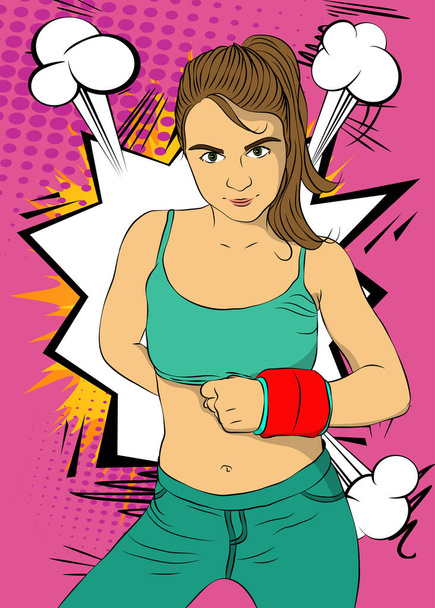 Woman exercise with wrist weights. Vector comic book illustration of a girl in sportswear doing workout. - Vector, Image
