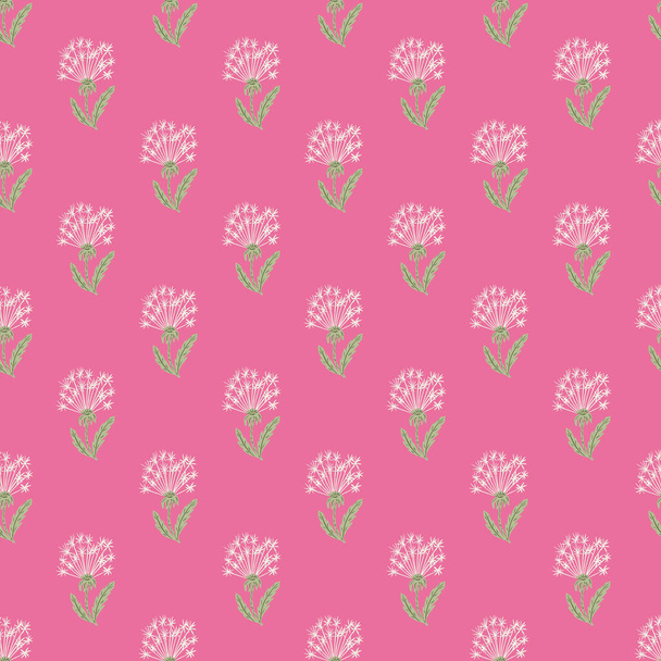 Bright dandelion silhouettes seamless pattern in floral ornament. Pink background. Botanic backdrop. Great for fabric design, textile print, wrapping, cover. Vector illustration. - Vektor, Bild