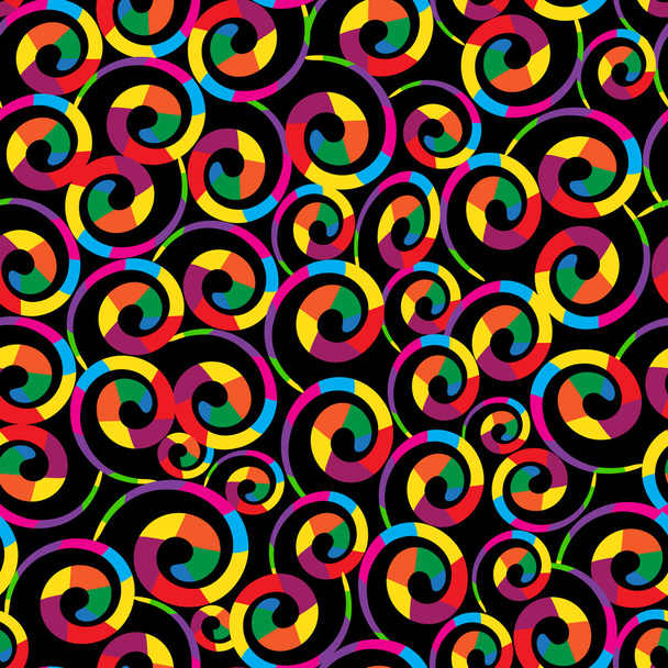Seamless background with colorful spirals on black background - Vecteur, image