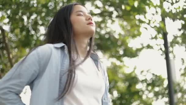 Heureuse femme d'affaires asiatique détendue profitant du coucher de soleil paisible et levant les yeux, expirant l'air frais relaxant dans un parc public sur le magnifique coucher de soleil d'été. - Séquence, vidéo