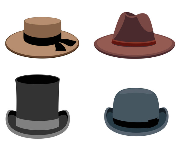 A set of men s hats. Vector collection of men s hats in flat style. olor illustration. - Vektor, Bild
