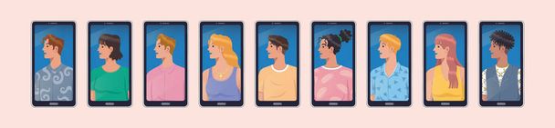Grupo de jóvenes retratos avatar diferentes razas en la pantalla del teléfono inteligente ilustración vector plano. - Vector, imagen