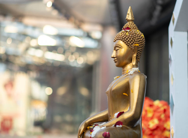 Full body Buddha statue with raw of Brass. Hand of buddha statue with leaf on lap of buddha. Holy thing, Believe, Culture, Traditional. Buddhist believe concept. Calm concept. meditation concept. - Photo, Image