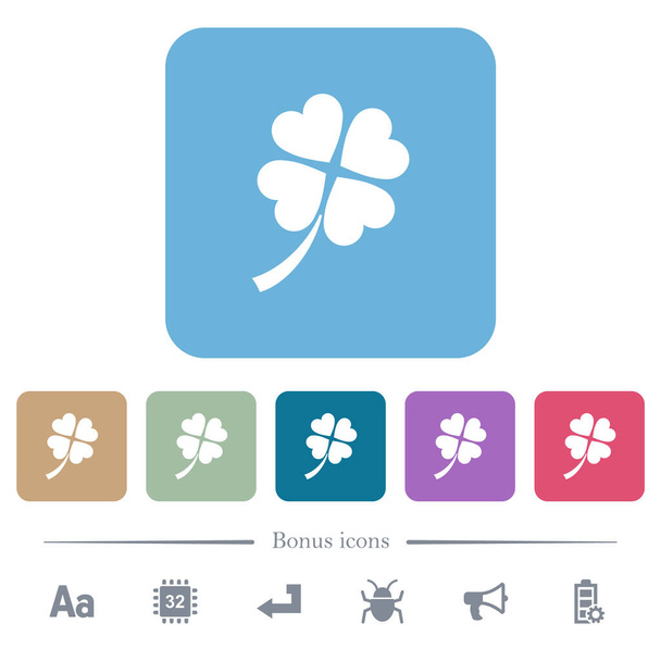 Quatro ícones planos brancos de trevo de folha em fundos quadrados arredondados de cor. 6 ícones de bônus incluídos - Vetor, Imagem