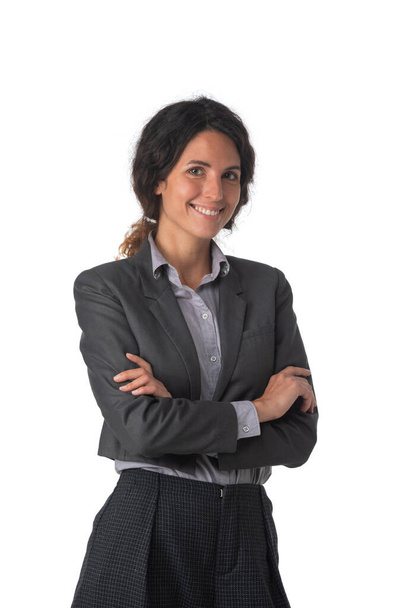Portrait of young business woman with arms crossed studio isolated on white background - Fotoğraf, Görsel