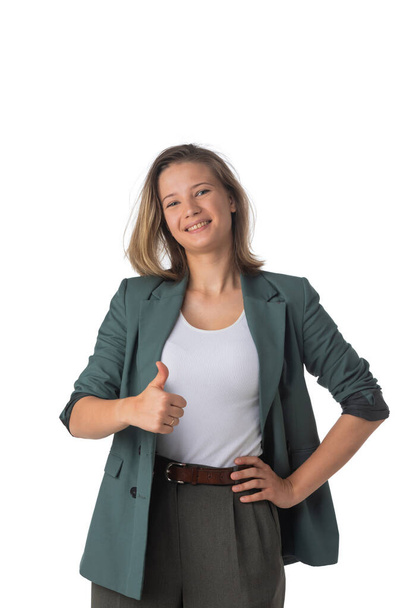 Portrait of young business woman with thumb up studio isolated on white background - Φωτογραφία, εικόνα