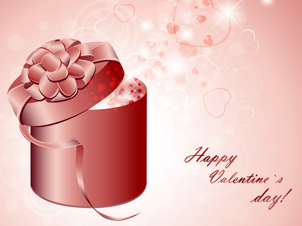 Gift box with pink bow over holiday background with hearts - Vector, Image