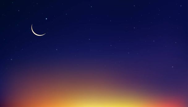 Ramadan Sky dla islamskiego tła projektu kartki okolicznościowej z półksiężycem i gwiazdą na kolorowym tle zachodzącego słońca, wektorowe religie symboliczne dla islamu lub muzułmanina Ramadan Kareem, Eid Mubarak  - Wektor, obraz