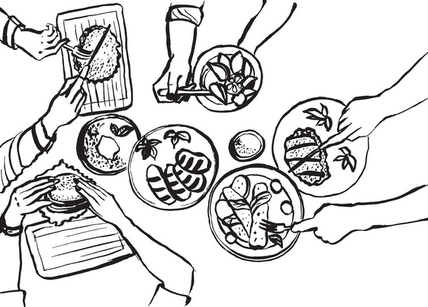 Cena con la famiglia o gli amici. Illustrazione disegnata a mano, vettore - Vettoriali, immagini