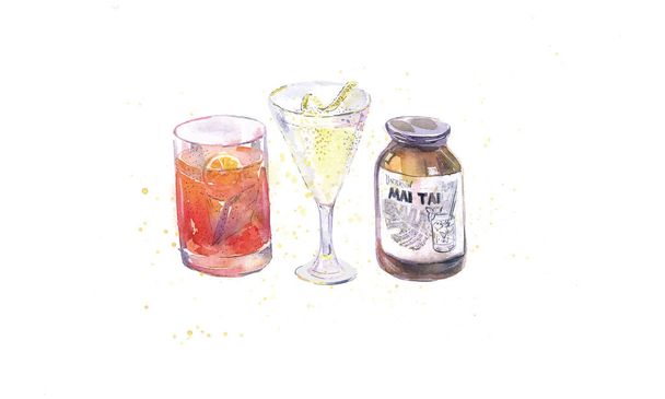 Aquarelillustratie van dranken, martini, negroni en mai tai, vector - Vector, afbeelding