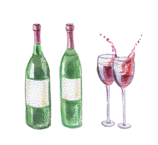 Illustration aquarelle de bouteilles et gobelets de vin, vecteur - Vecteur, image
