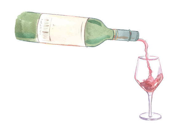 Watercolor illustration, hand-drawn, red wine pouring into a glass from a green bottle, vector - Vector, Image