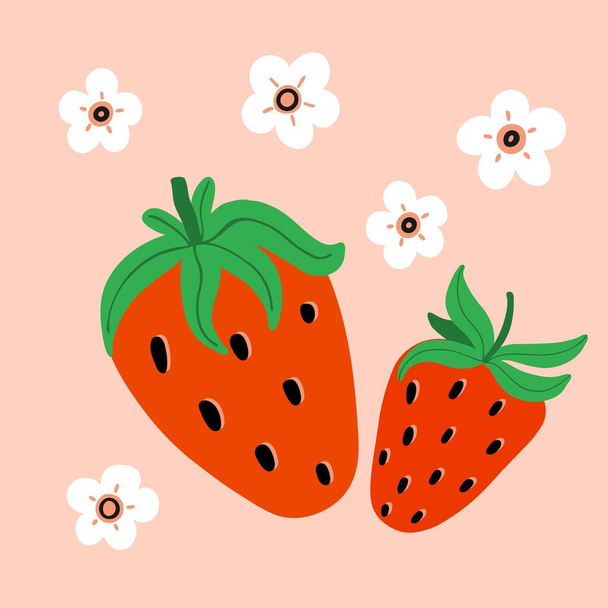 Strawberry set. Hand drawn fresh forest or garden berry poster print or card. Whole juicy berries, green leaves and flowers doodle summer element, vector cartoon minimalistic isolated illustration - Vektori, kuva