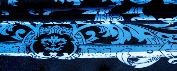 Tejido de seda monograma azul y blanco. Un exquisito patrón de tejido de filigrana. textura, fondo - Foto, Imagen