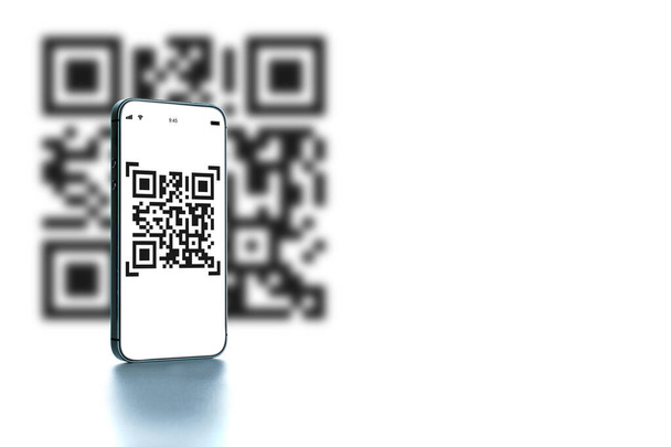 QRコード技術。支払い、オンライン支払い、デジタルスマートフォンのQRコードスキャナでバーコード技術をスキャンするためのモバイルスマートフォン画面。携帯電話アプリケーションを使用してコードをスキャンする手 - 写真・画像
